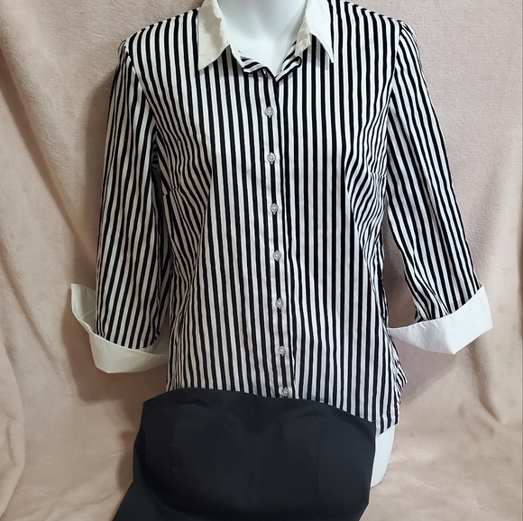 Like NEW New York & Co Striped Button Down Shirt w/ Black Corset Overlay Sz S - Picture 9 of 14
